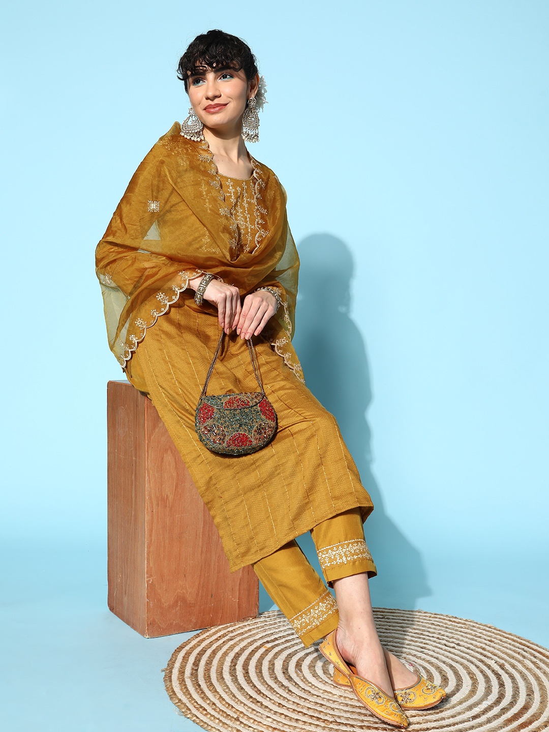

SheWill Women Mustard Yellow Floral Yoke Design Sequinned Kurta with Trousers & With Dupatta
