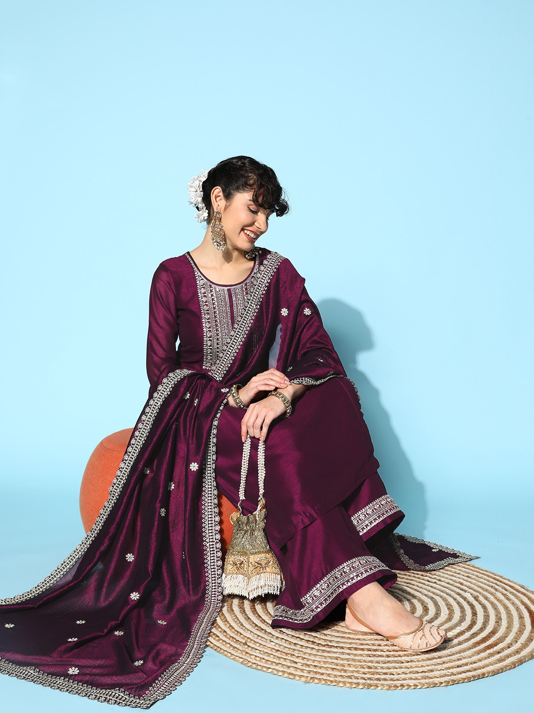 

SheWill Women Burgundy Yoke Design Thread Work Kurta with Palazzos & With Dupatta