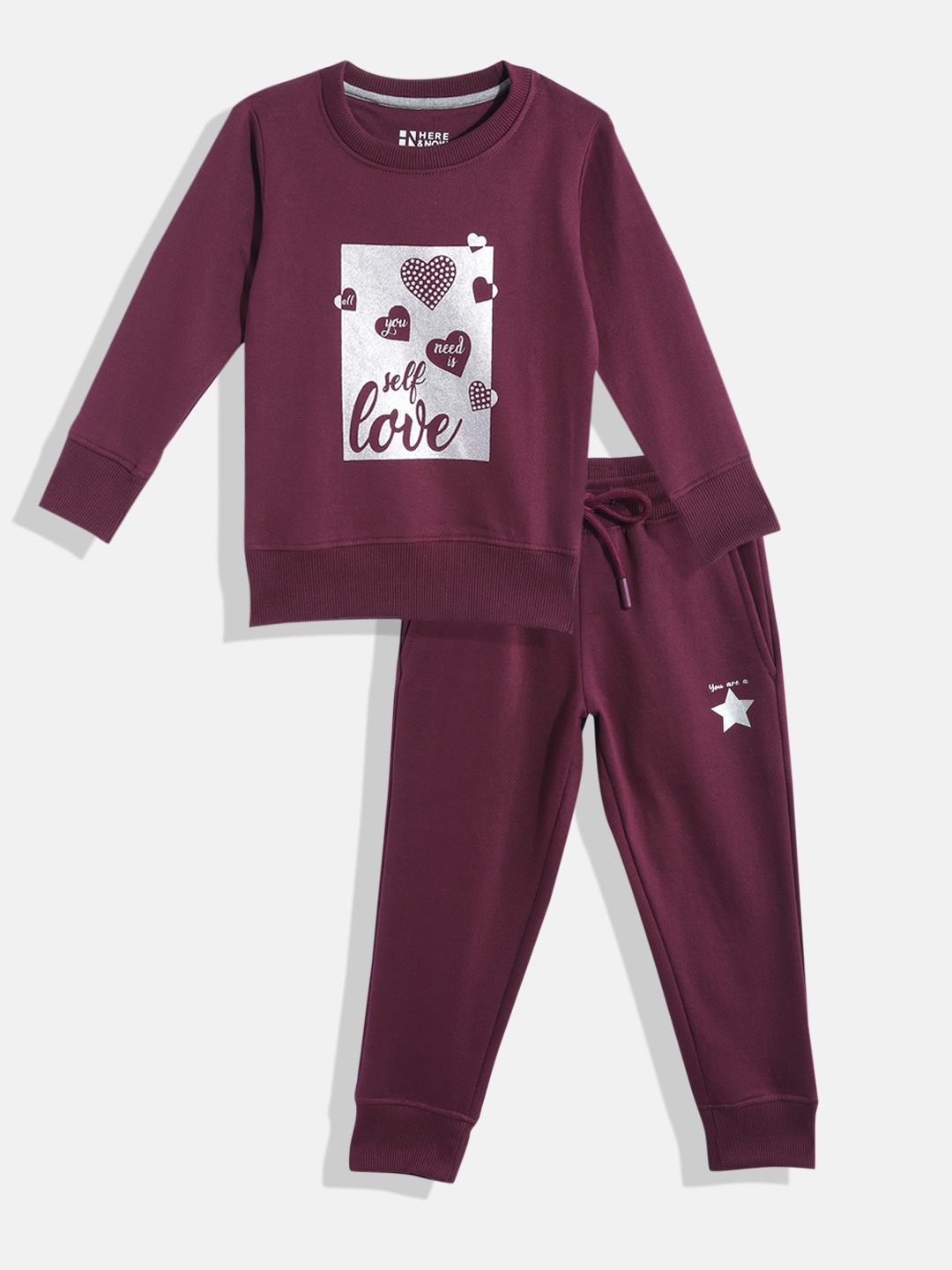 

HERE&NOW Girls Burgundy Printed Sweatshirt with Joggers