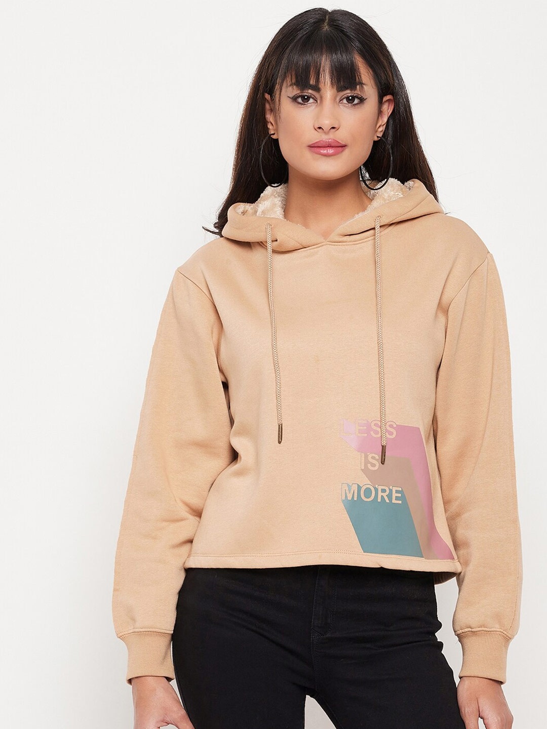 

Madame Women Typography Printed Hooded Cotton Pullover Sweatshirt, Beige