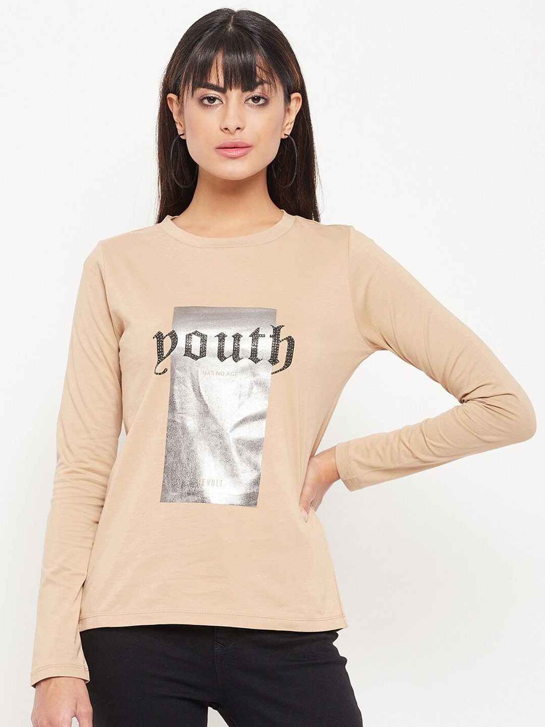 

Madame Women Printed Round Neck Regular Fit T-shirt, Beige