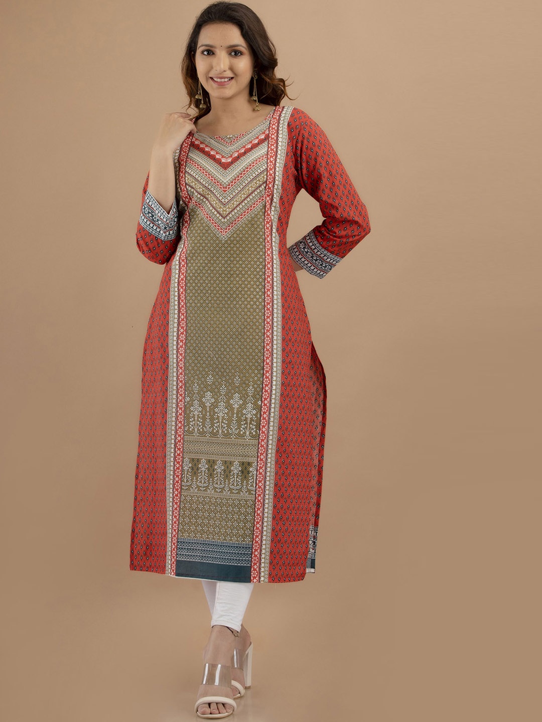 

PREKSHA Ethnic Motifs Printed Straight Regular Kurta, Orange