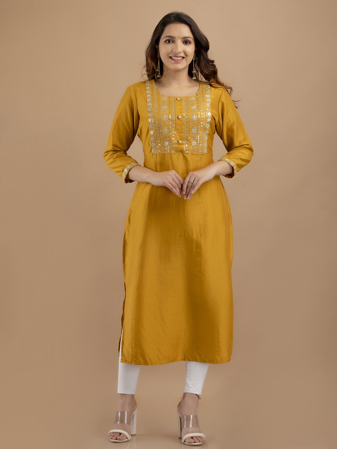 

PREKSHA Women Floral Embroidered Round Neck Kurta, Mustard