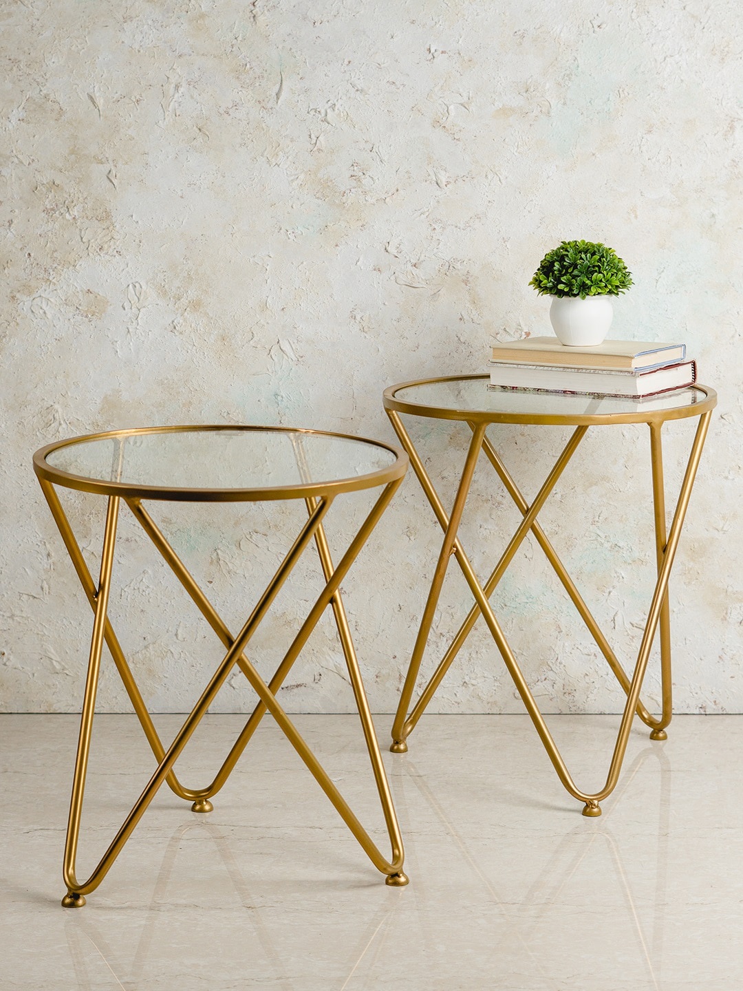 

nestroots Gold-Toned Set Of 2 Glass Coffee Table