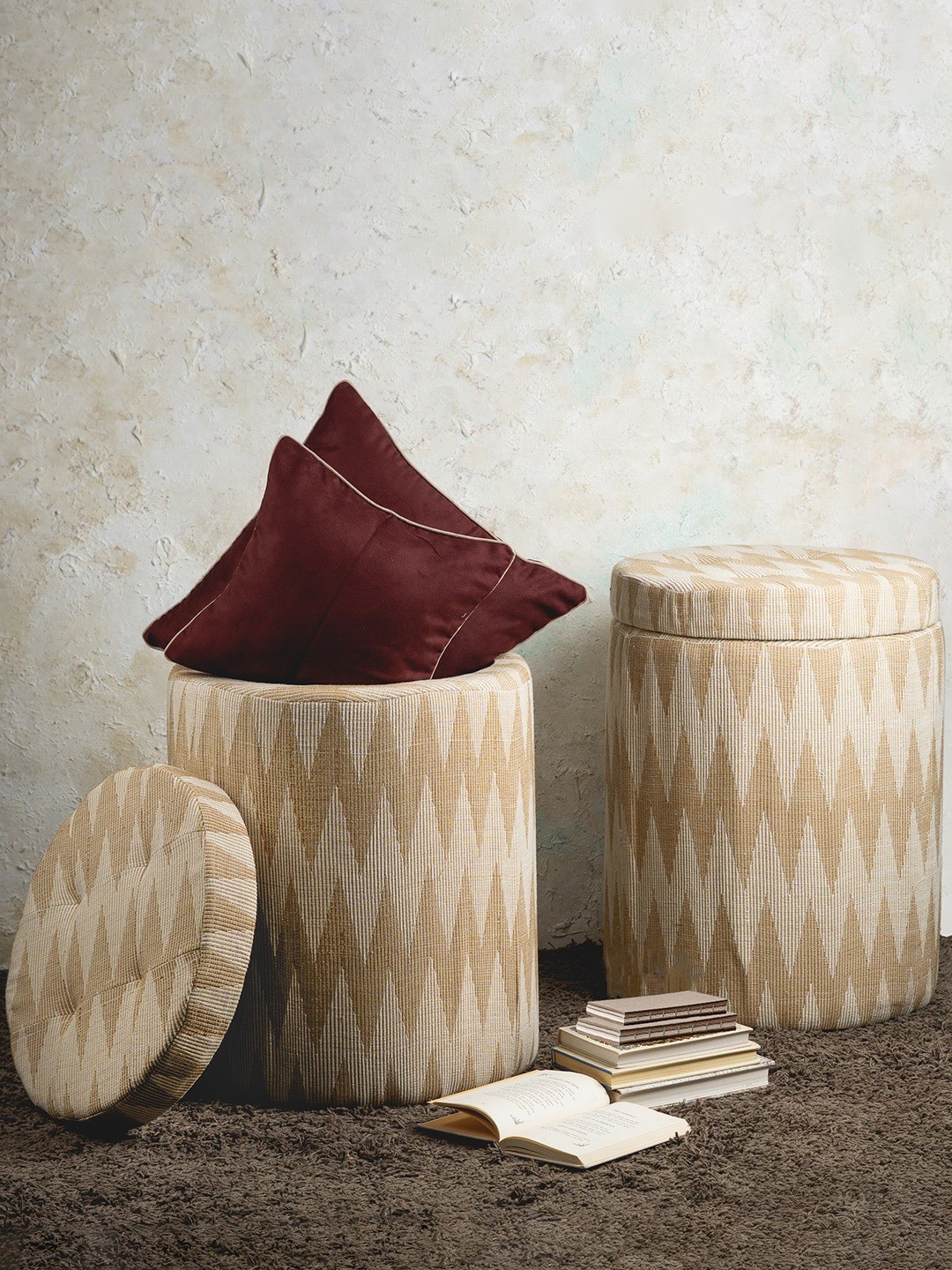 

nestroots Yellow Set Of 2 Printed Storage Ottomans