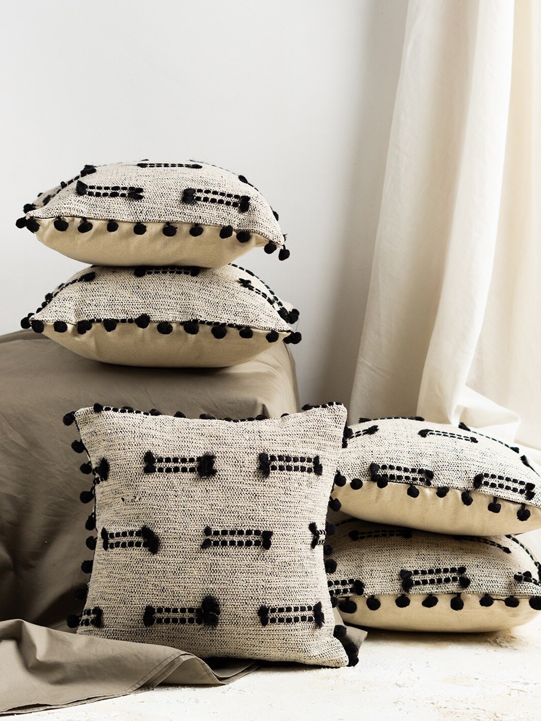 

nestroots Off White & Black Set of 5 Self Design Cotton Square Cushion Covers