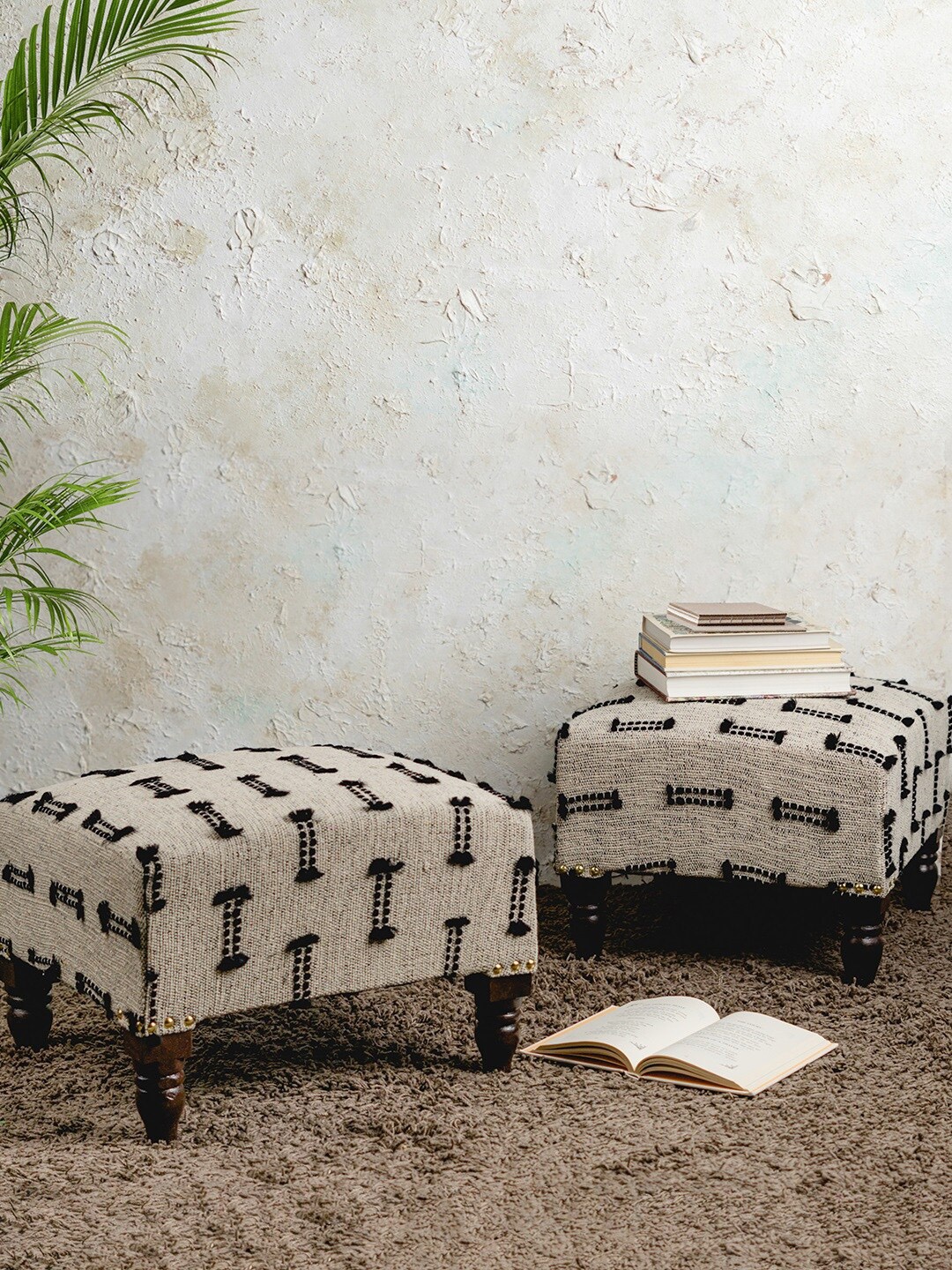 

nestroots Off White & Black Set Of 2 Tufted Cotton & Wood Leg Ottomans