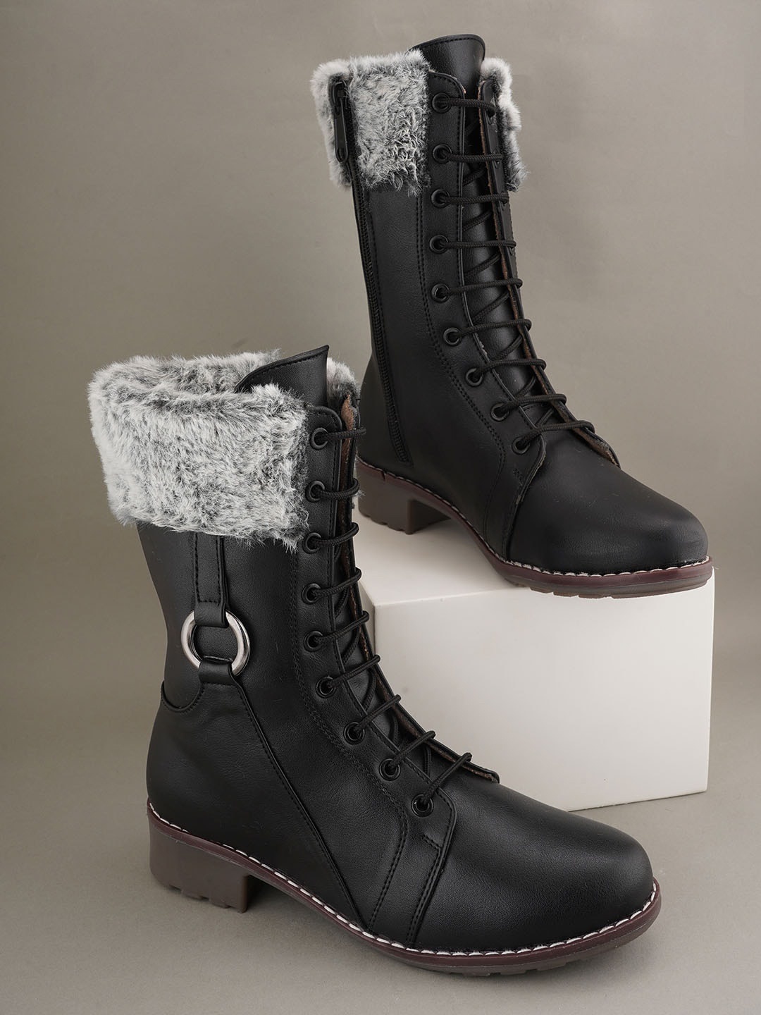 

SAPATOS Women Winter Leather Block Boots, Black