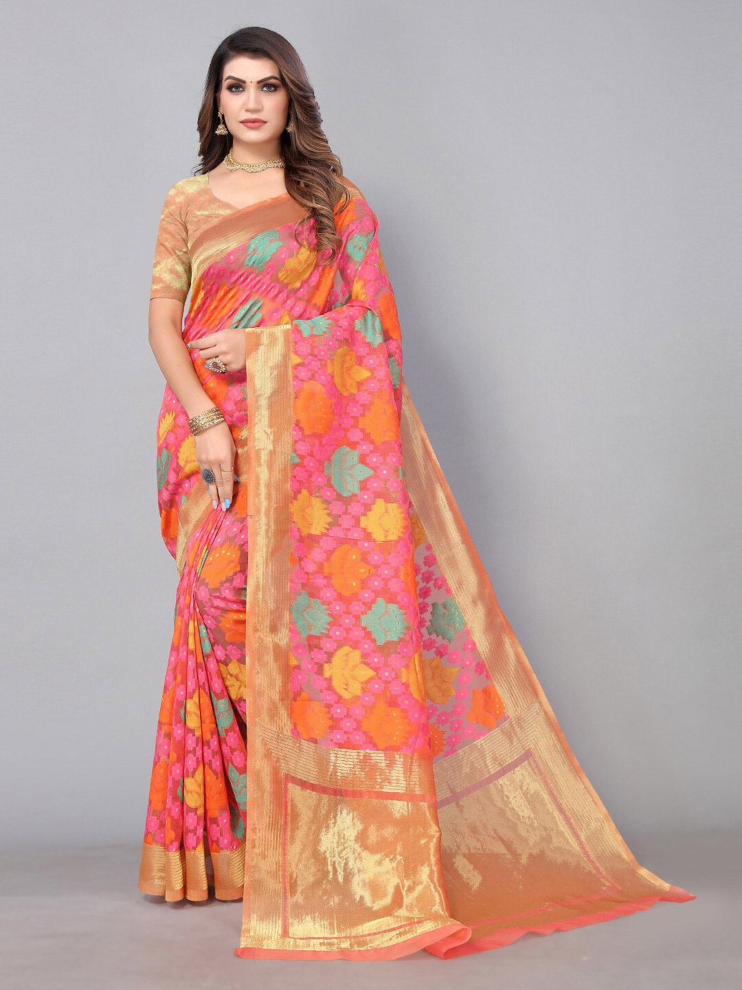 

HRITIKA Woven Design Zari Silk Cotton Saree, Pink