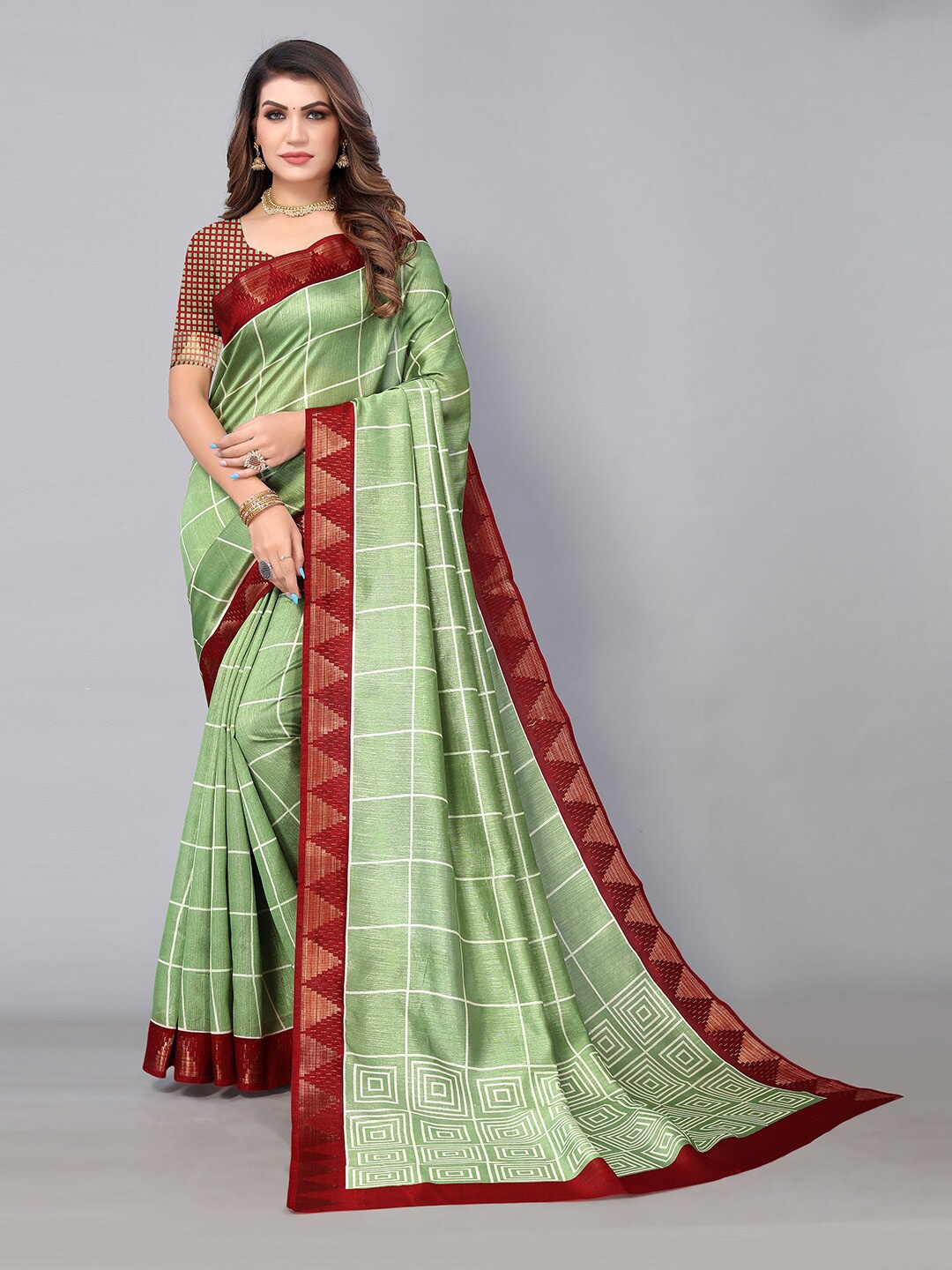 

HRITIKA Green & Maroon Checked Silk Cotton Ilkal Saree