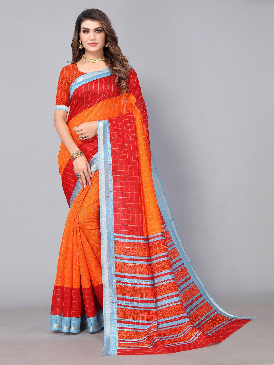

HRITIKA Checked Silk Cotton Saree, Orange