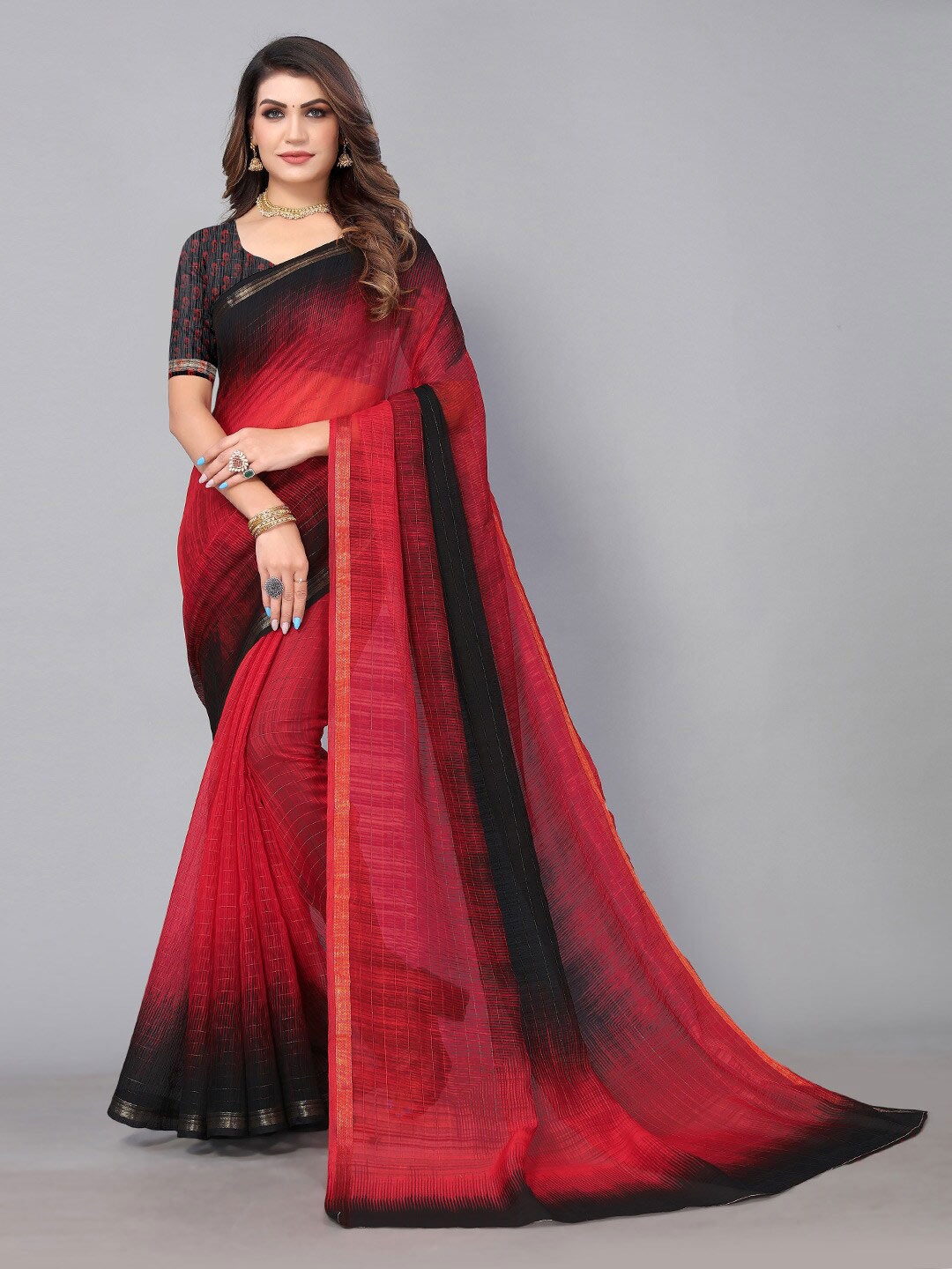 

HRITIKA Striped Silk Cotton Saree, Red