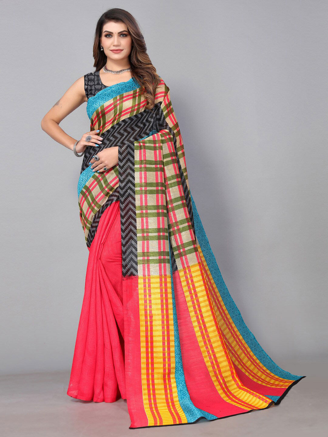 

HRITIKA Checked Silk Cotton Half and Half Saree, Red