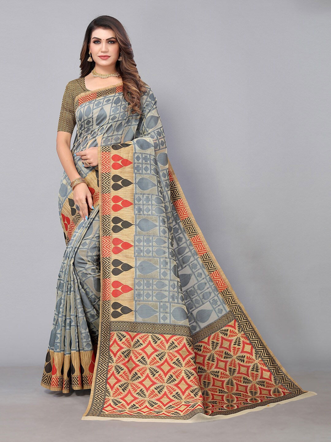 

HRITIKA Geometric Printed Silk Cotton Saree, Grey