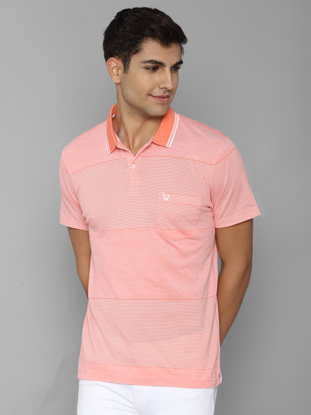 

Allen Solly Men Striped Polo Collar Pure Cotton T-shirt, Peach