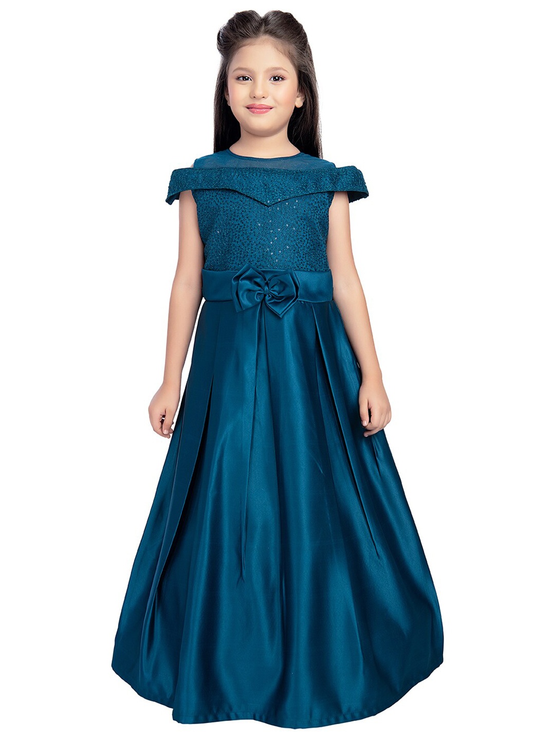 

Tiny Kingdom Girls Self Design Silk Maxi Fit and Flare Dress, Teal
