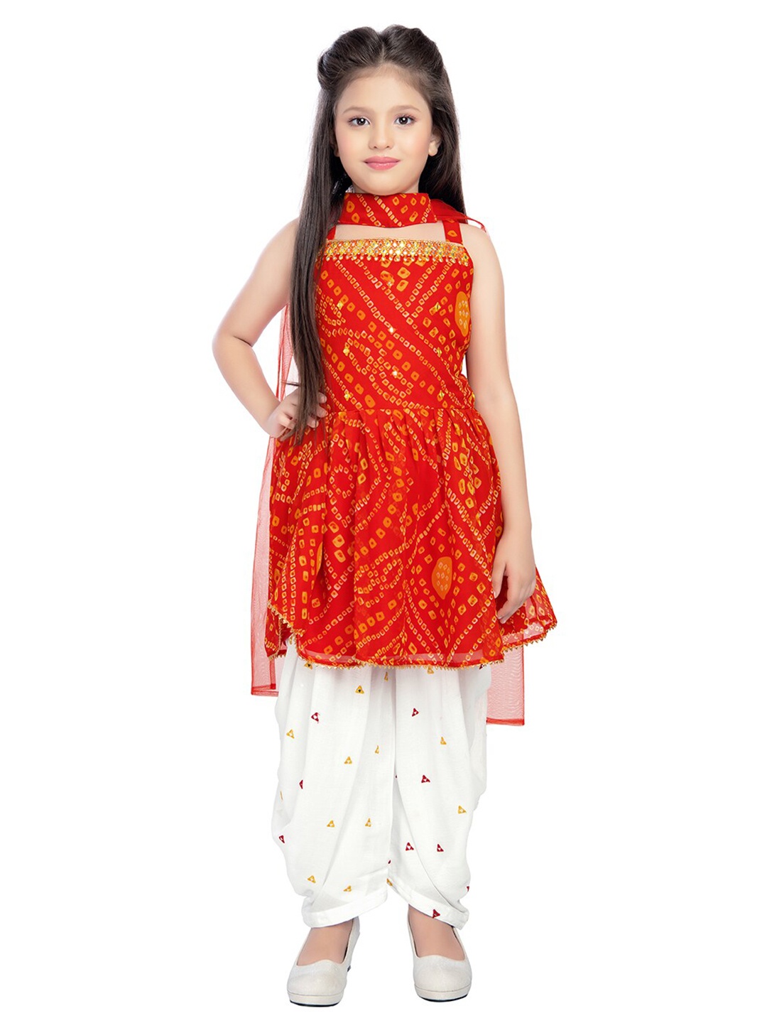 

Tiny Kingdom Girls Bandhani Printed Kurta with Dhoti Pants & Dupatta, Red