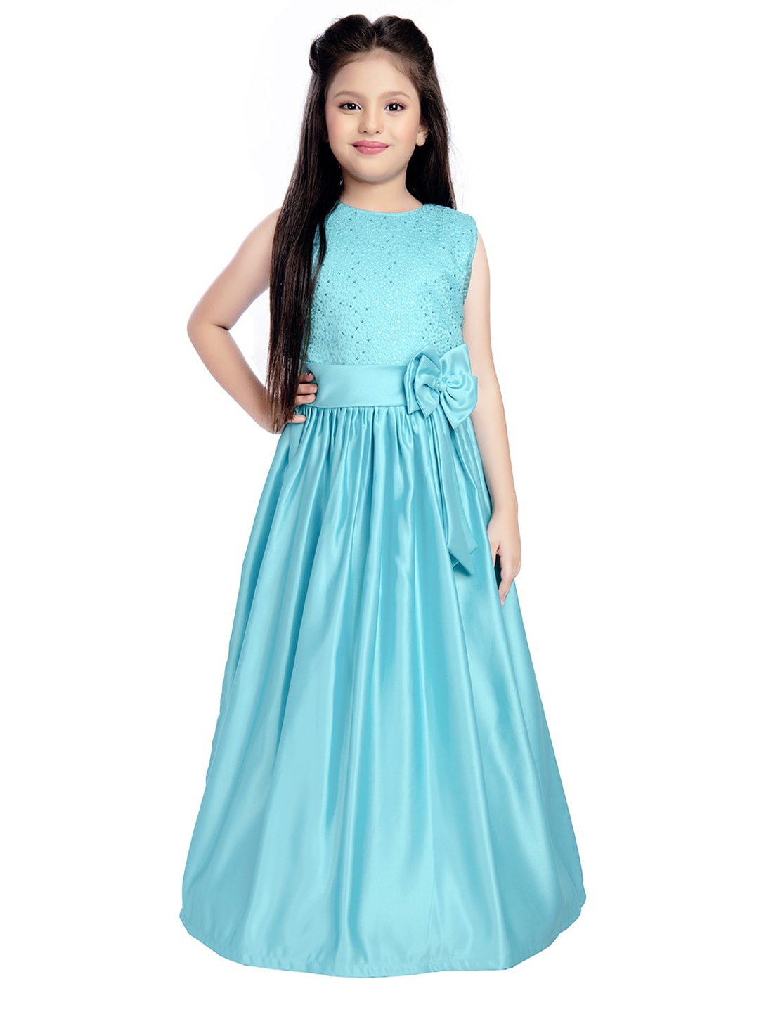 

Tiny Kingdom Girls Self Design Silk Sleeveless Maxi Fit and Flare Dress, Turquoise blue