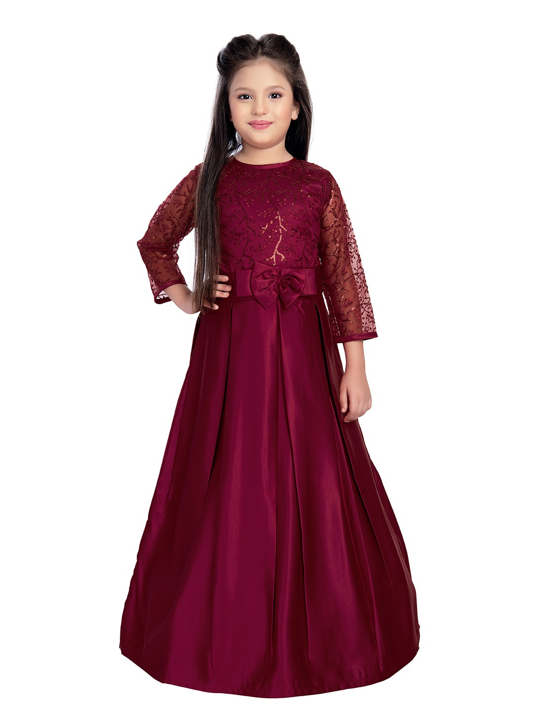 

Tiny Kingdom Girls Embroidered Silk Maxi Fit and Flare Dress, Maroon