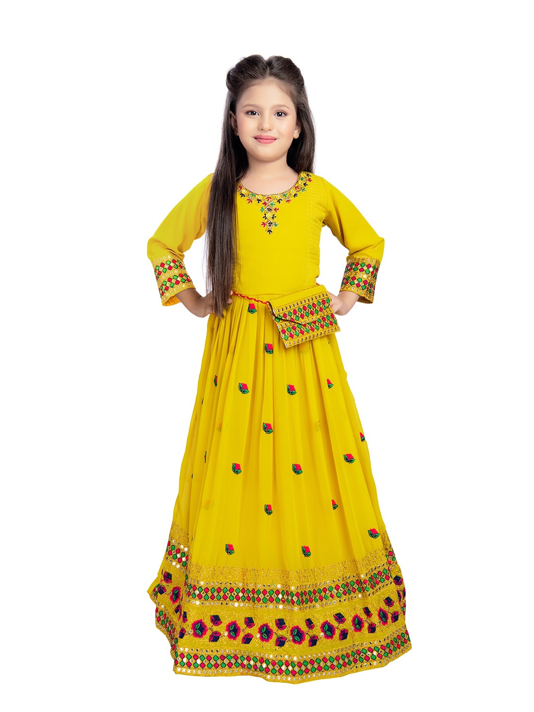 Tiny Kingdom Girls Embroidered Georgette Ethnic Maxi Gown Dress, Mustard