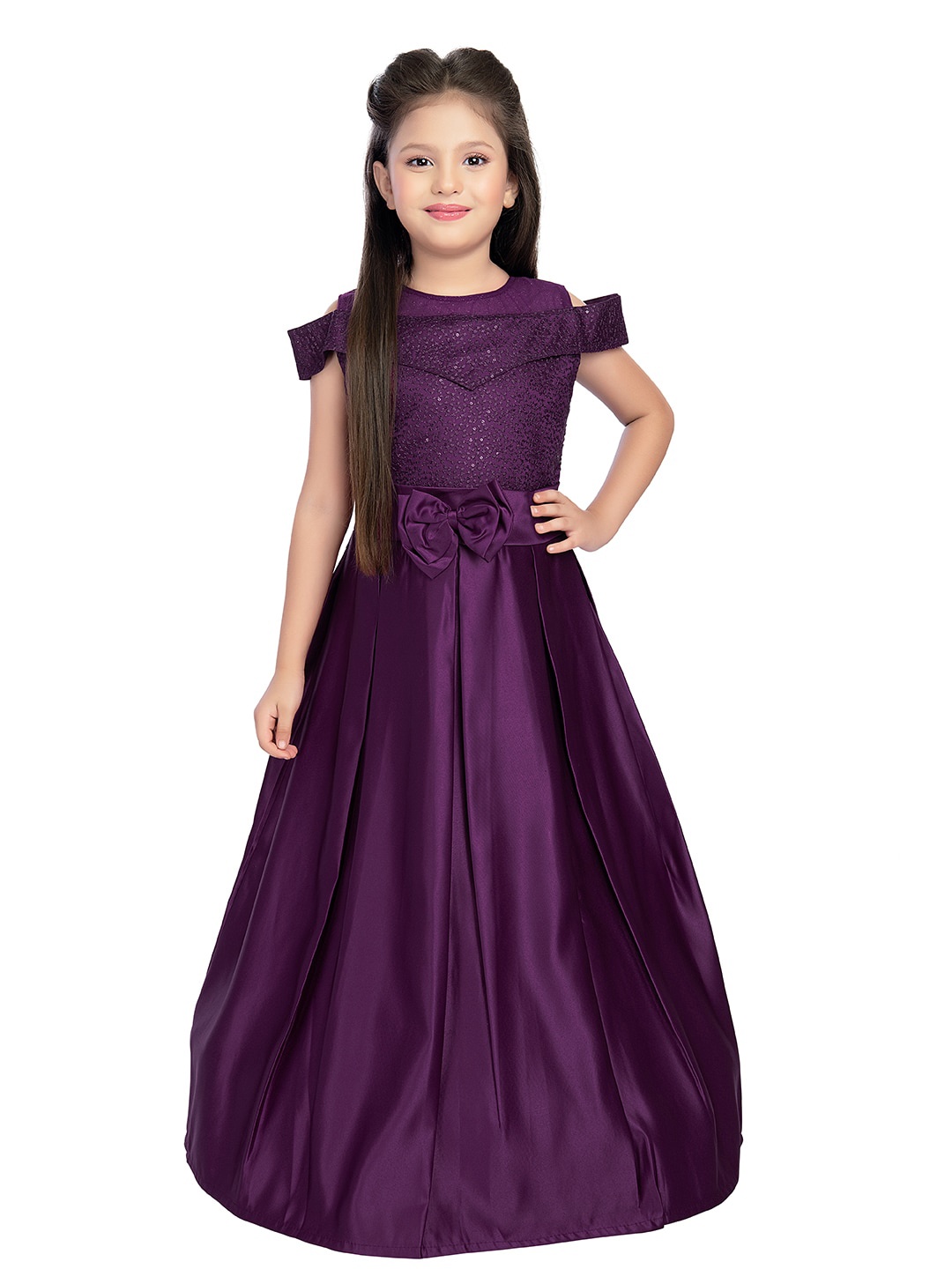 

Tiny Kingdom Girls Self Design Silk Maxi Fit and Flare Dress, Purple