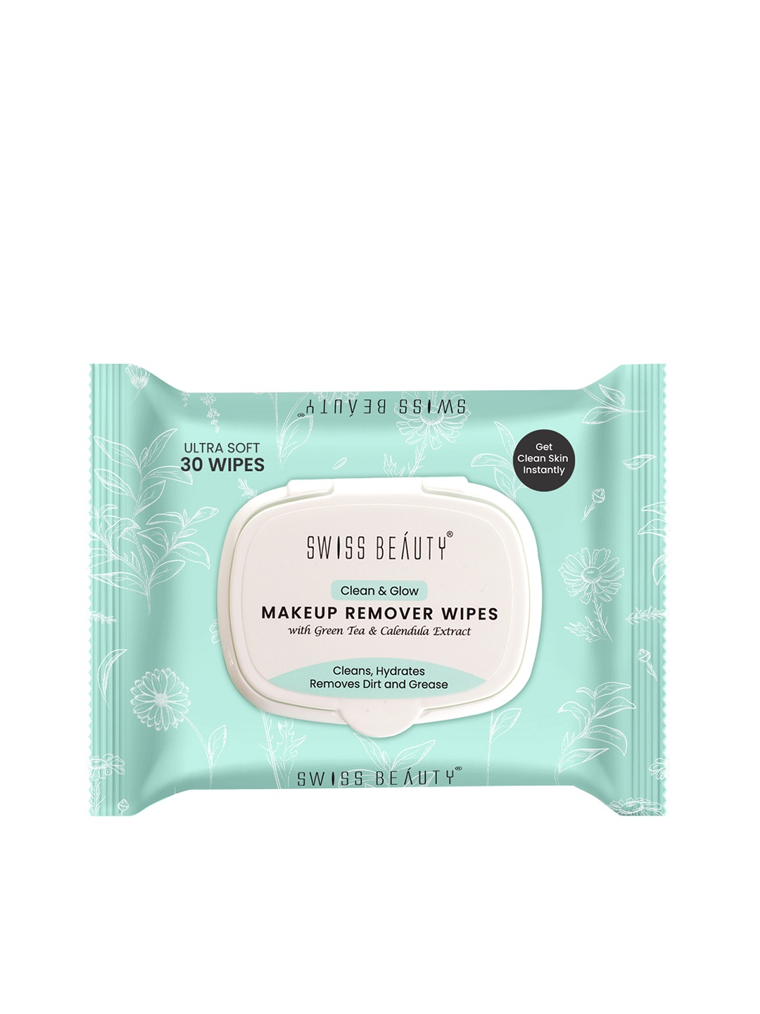 

SWISS BEAUTY Clean & Glow Makeup Remover Wipes with Green Tea & Calendula - 30 Wipes, Sea green