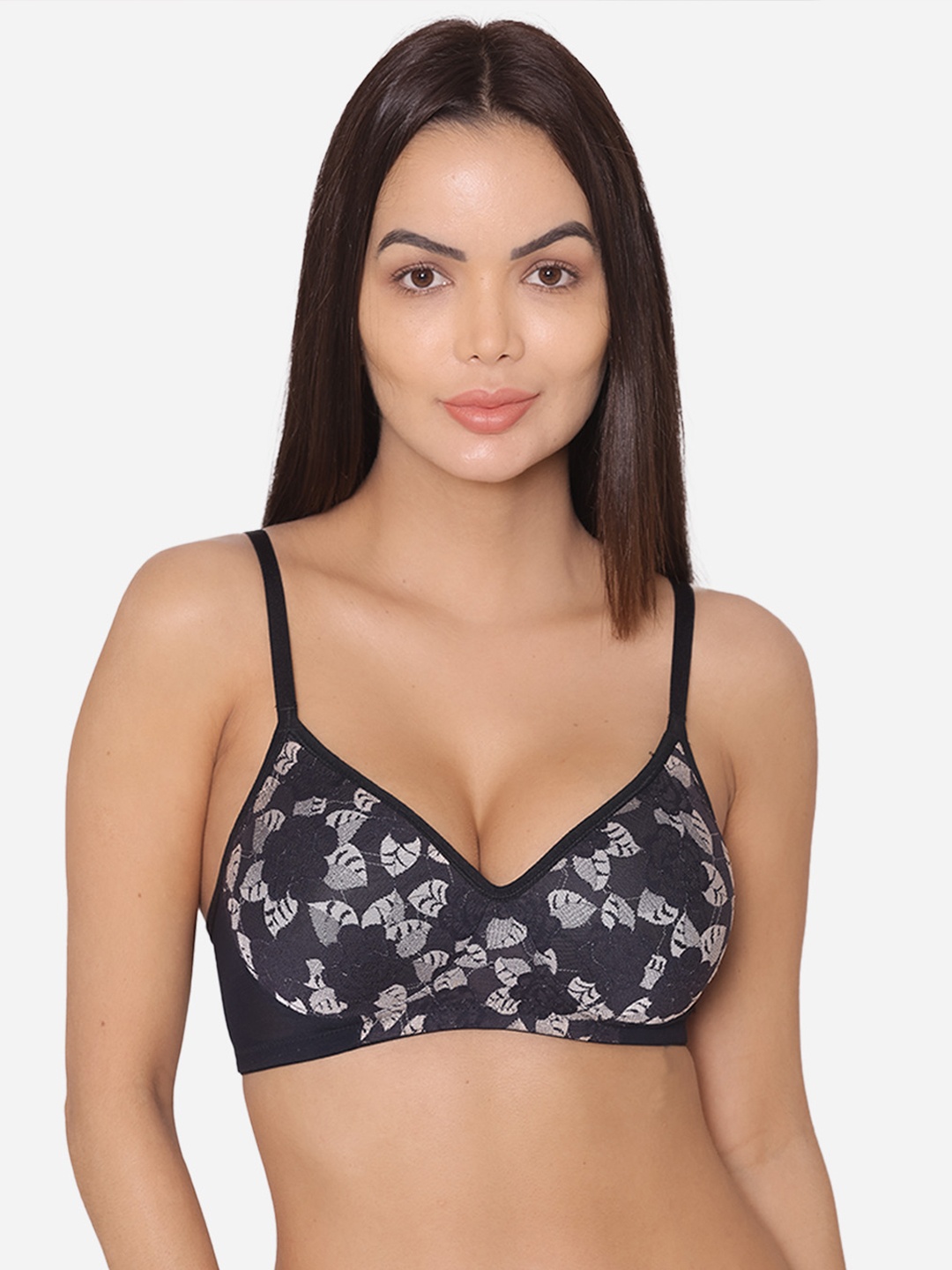 

Groversons Paris Beauty Lightly Padded Floral Print Bra, Black