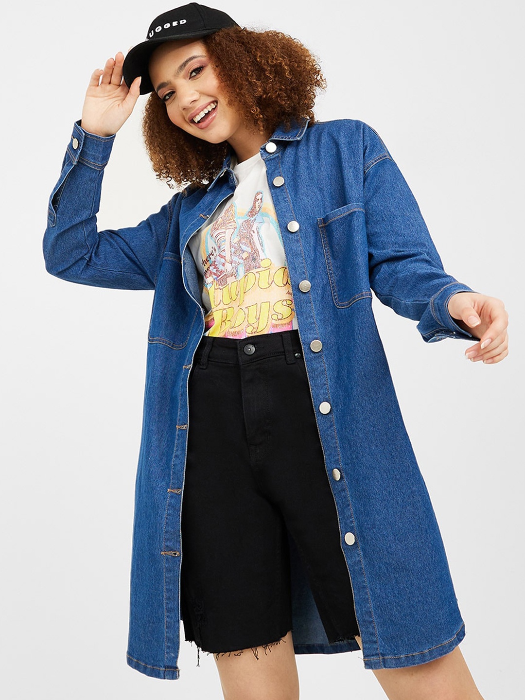 

Styli Cotton Longline Denim Jacket, Blue