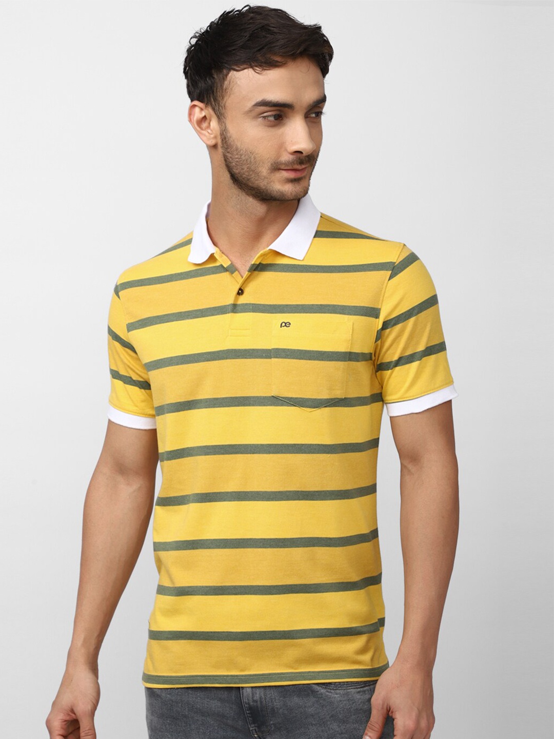 

Peter England Casuals Men Striped Polo Collar T-shirt, Yellow