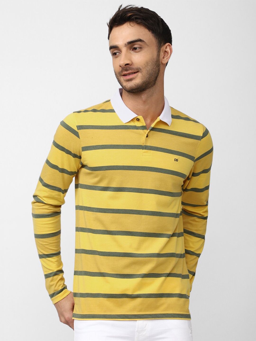 

Peter England Casuals Men Striped Polo Collar T-shirt, Yellow