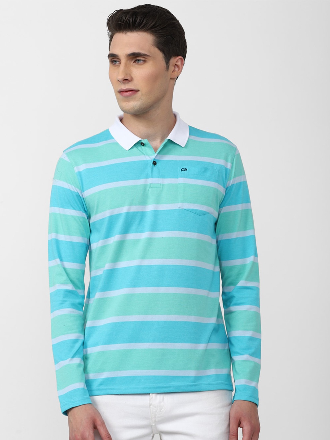 

Peter England Casuals Men Striped Polo Collar T-shirt, Blue