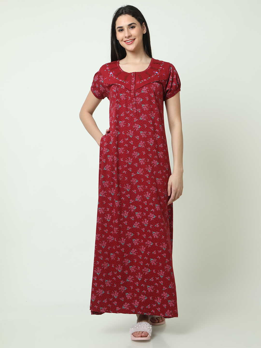 

9shines Label Floral Printed Pure Cotton Maxi Nightdress, Maroon