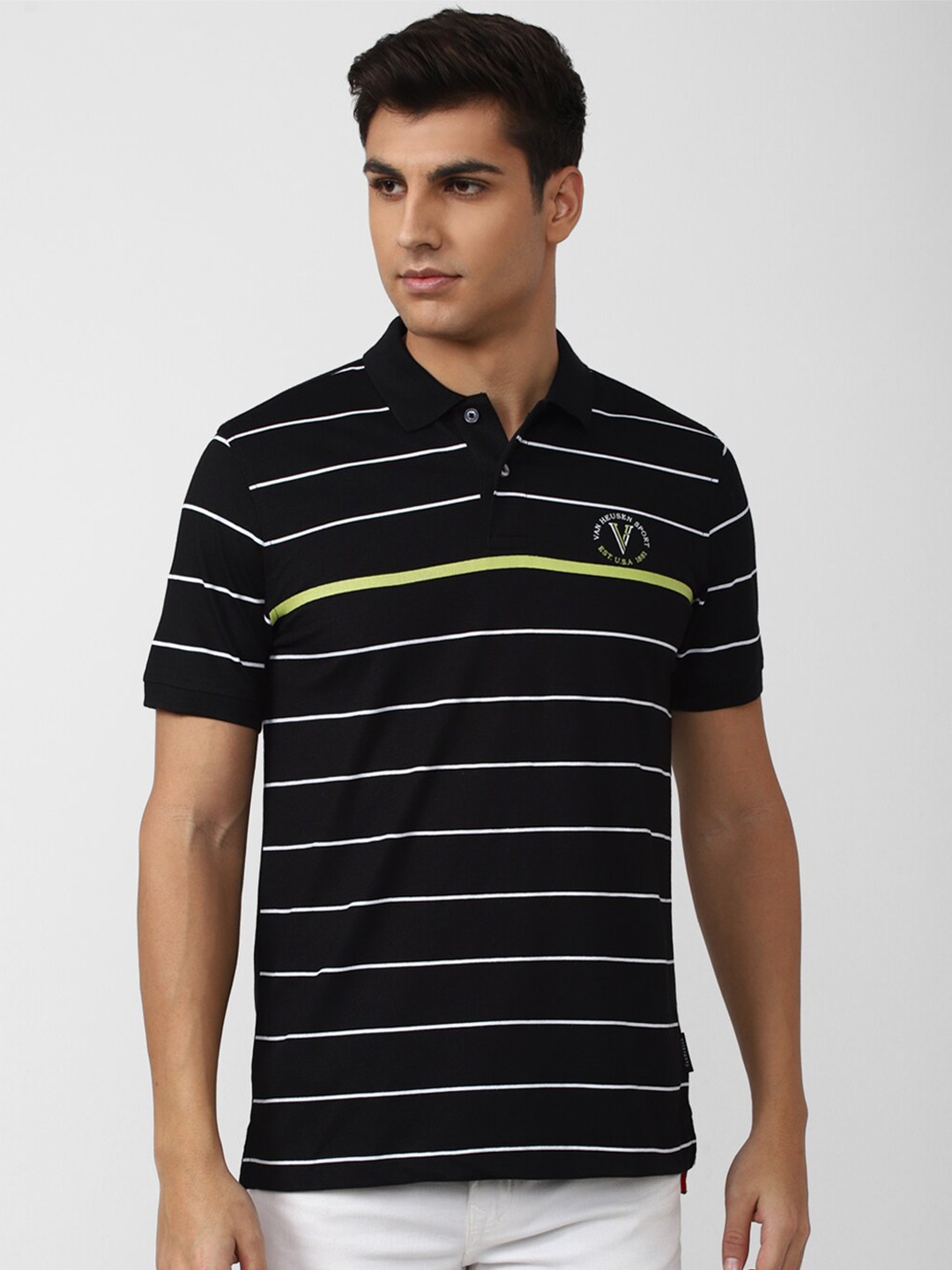 

Van Heusen Sport Men Striped Polo Collar Cotton T-shirt, Black