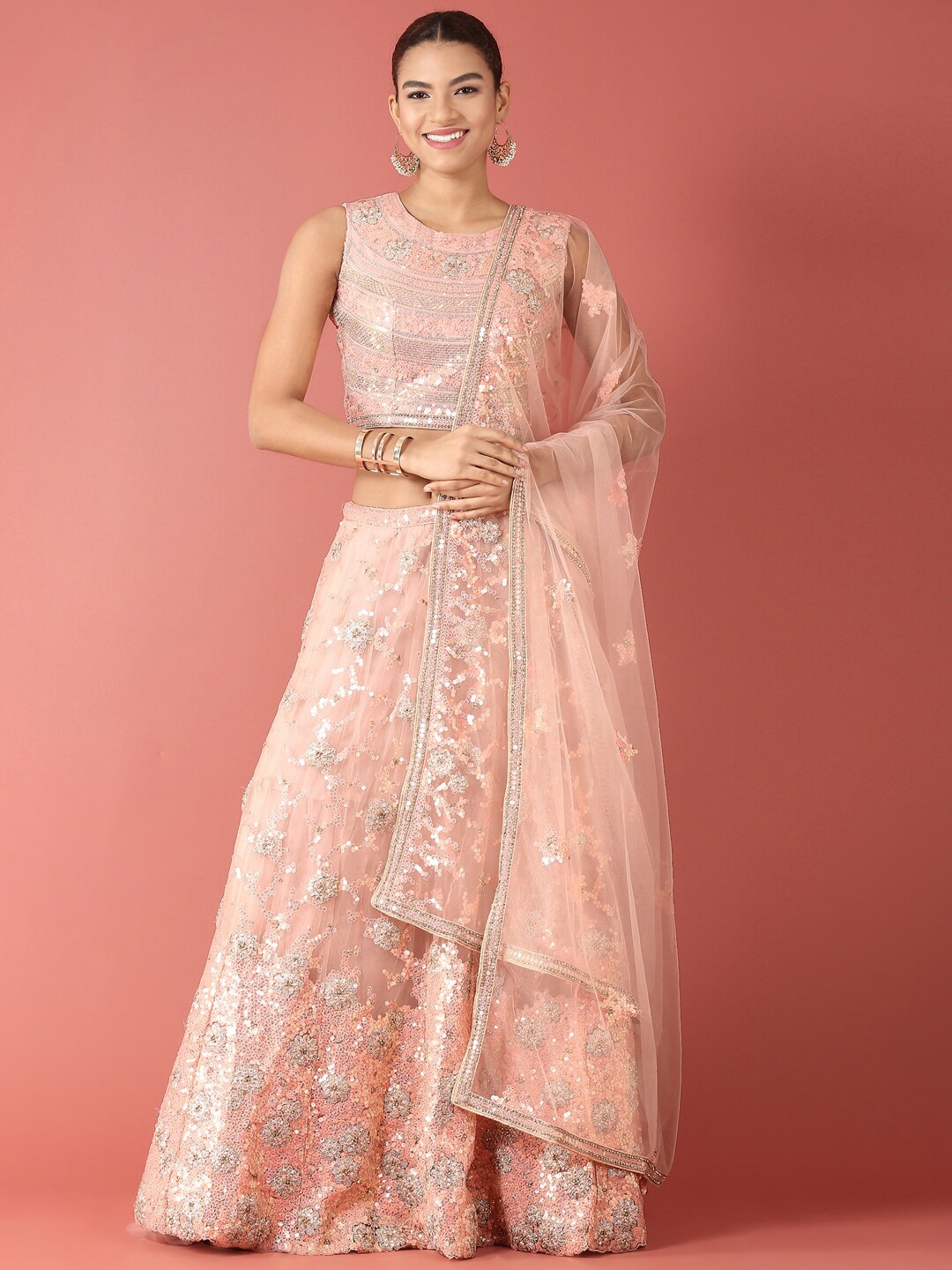 

panchhi Embellished Sequinned Semi-Stitched Lehenga & Unstitched Blouse With, Peach