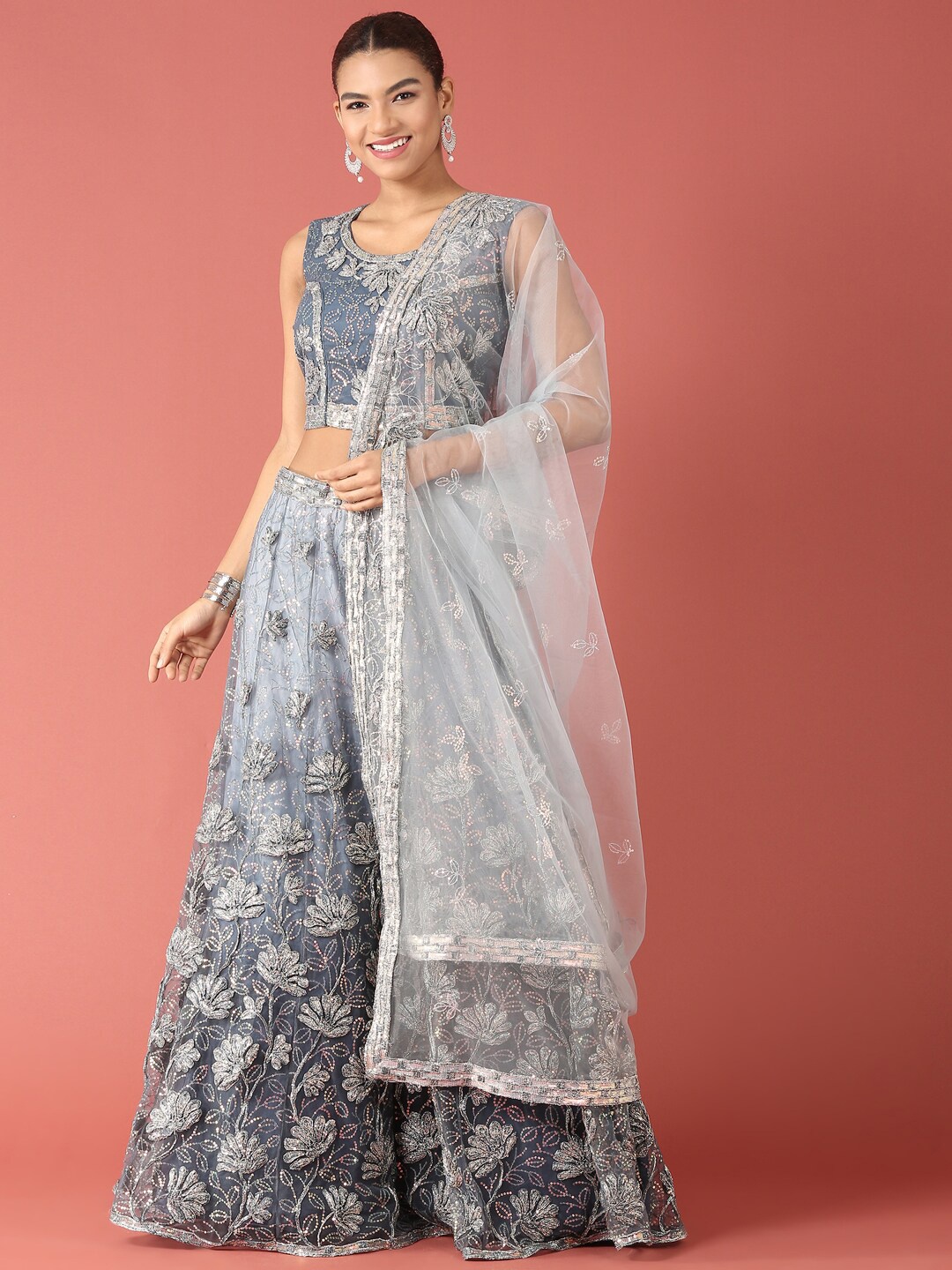 

panchhi Embroidered Semi-Stitched Lehenga & Unstitched Blouse With Dupatta, Grey melange
