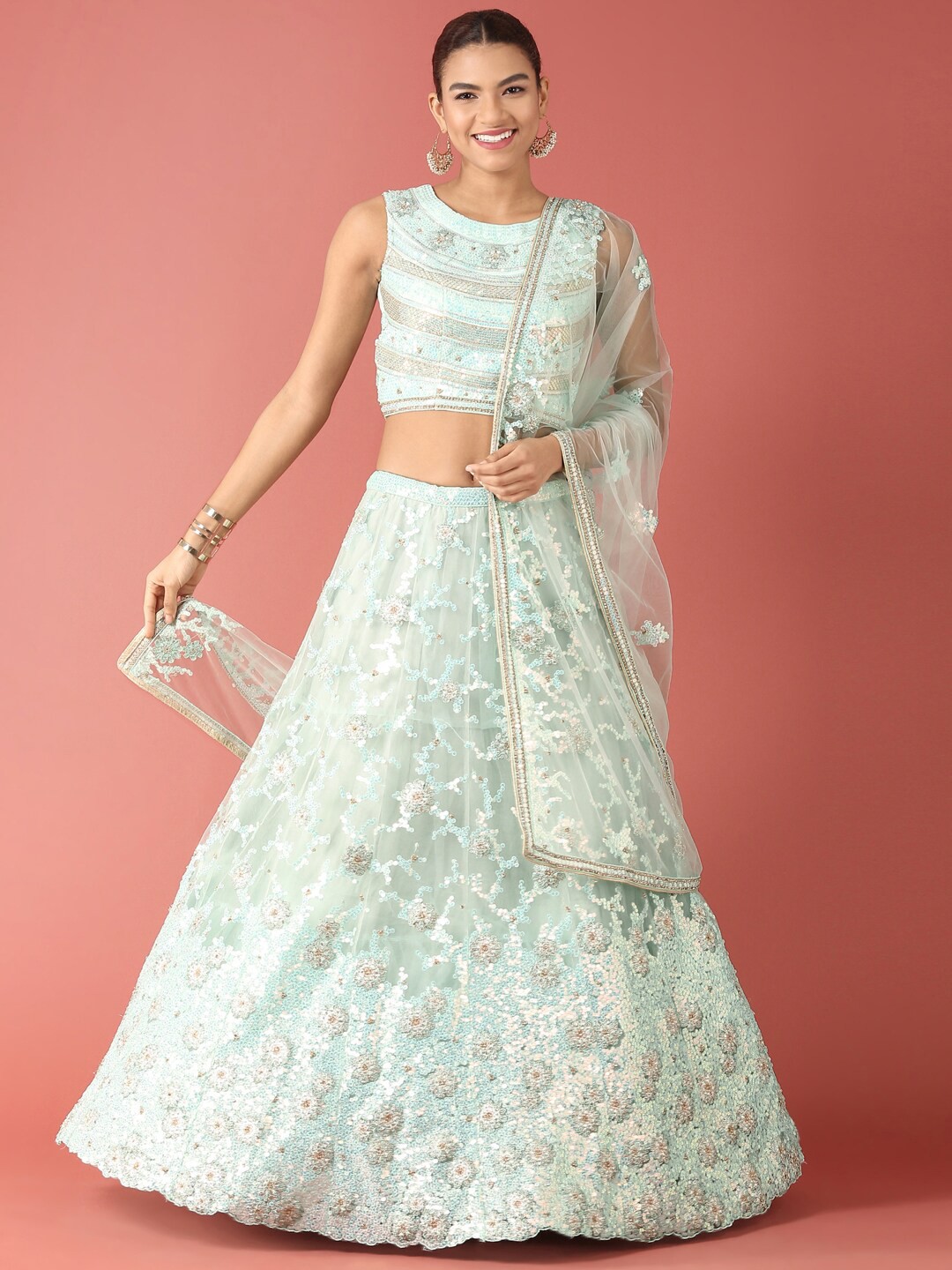 

panchhi Embellished Sequinned Semi-Stitched Lehenga & Unstitched Blouse With, Turquoise blue