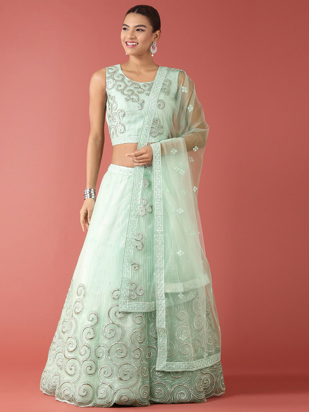 

panchhi Embellished Sequinned Semi-Stitched Lehenga & Unstitched Blouse With Dupatta, Green