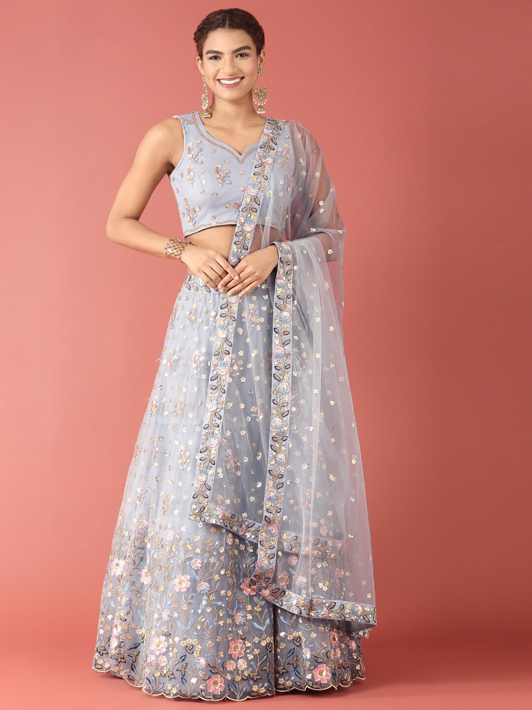 panchhi Embellished Sequinned Semi-Stitched Lehenga & Unstitched Blouse With Dupatta, Grey
