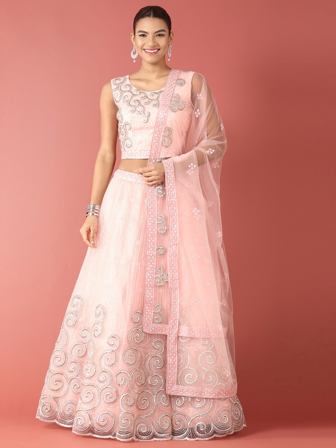 

panchhi Embellished Sequinned Semi-Stitched Lehenga & Unstitched Blouse With Dupatta, Coral