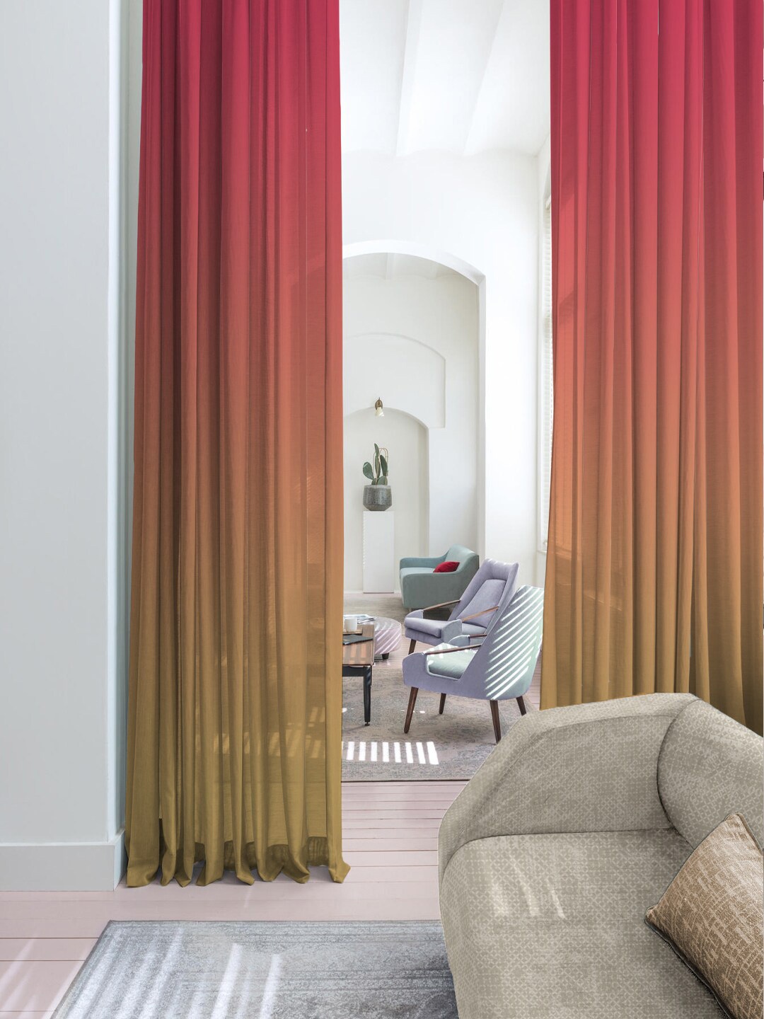 

SPACES Set Of 2 Pink Elegent Ombre Print Sheer Semi Transparent Long Door Curtain 9 Ft
