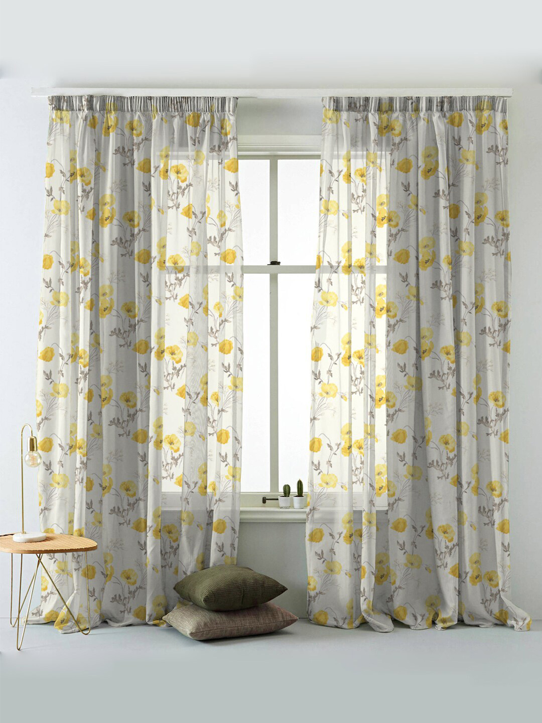 

SPACES Set Of 2 Yellow Elegent Floral Print Sheer Semi Transparent Window Curtain 5 Ft, White