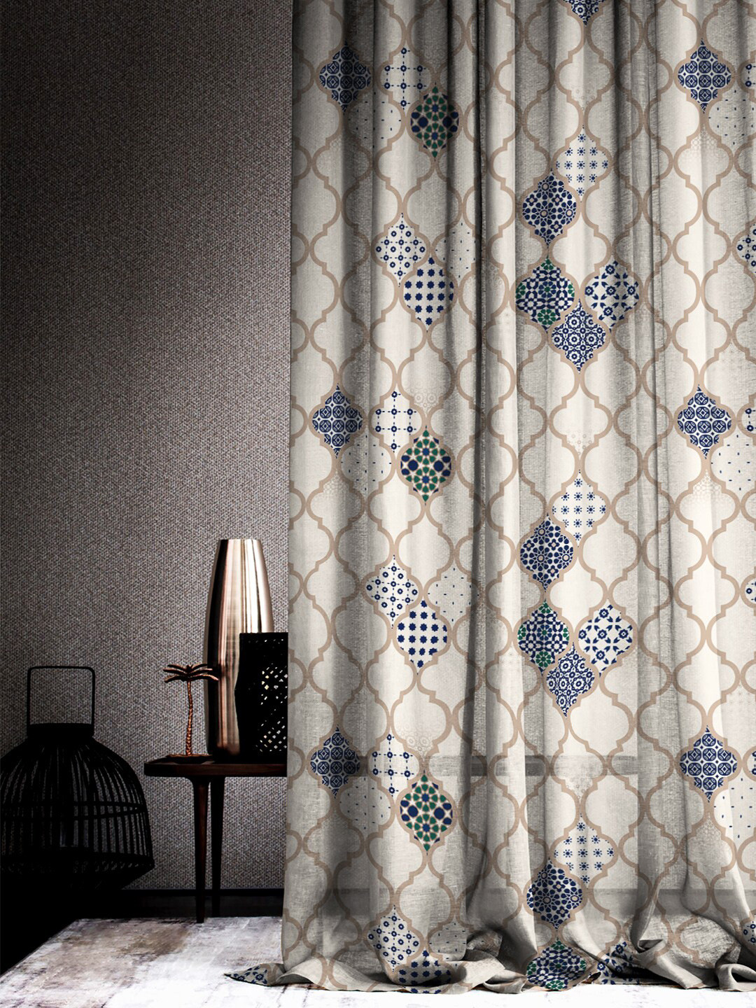 

SPACES Set Of 2 Blue Elegent Ethnic Print Sheer Semi Transparent Door Curtain 7 Ft, Beige