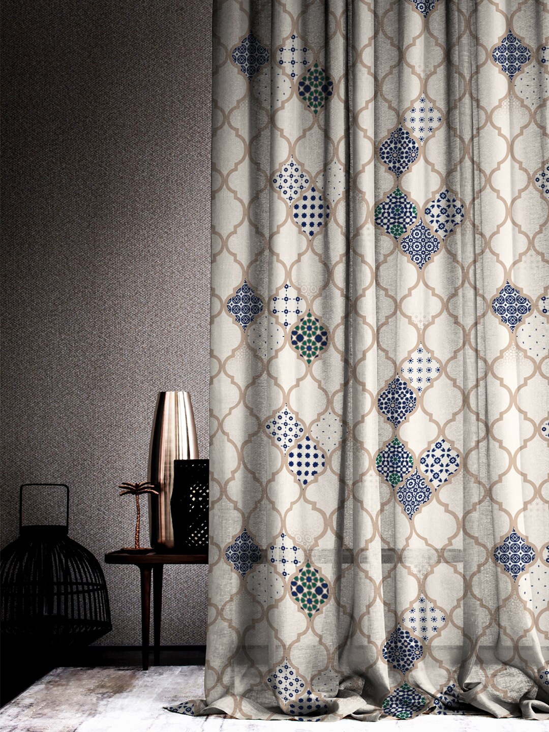

SPACES Set Of 2 Blue Elegent Ethnic Print Sheer Semi Transparent Long Door Curtain 9 Ft, Beige
