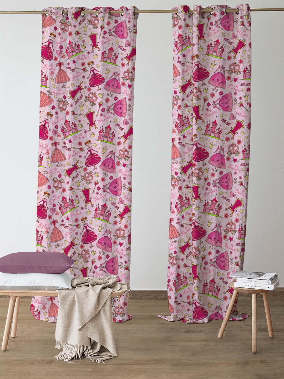 

SPACES Set Of 2 Pink Kids Set Of 2 Pink Quirky Print Satin Room Darkening Door Curtain 7 Ft