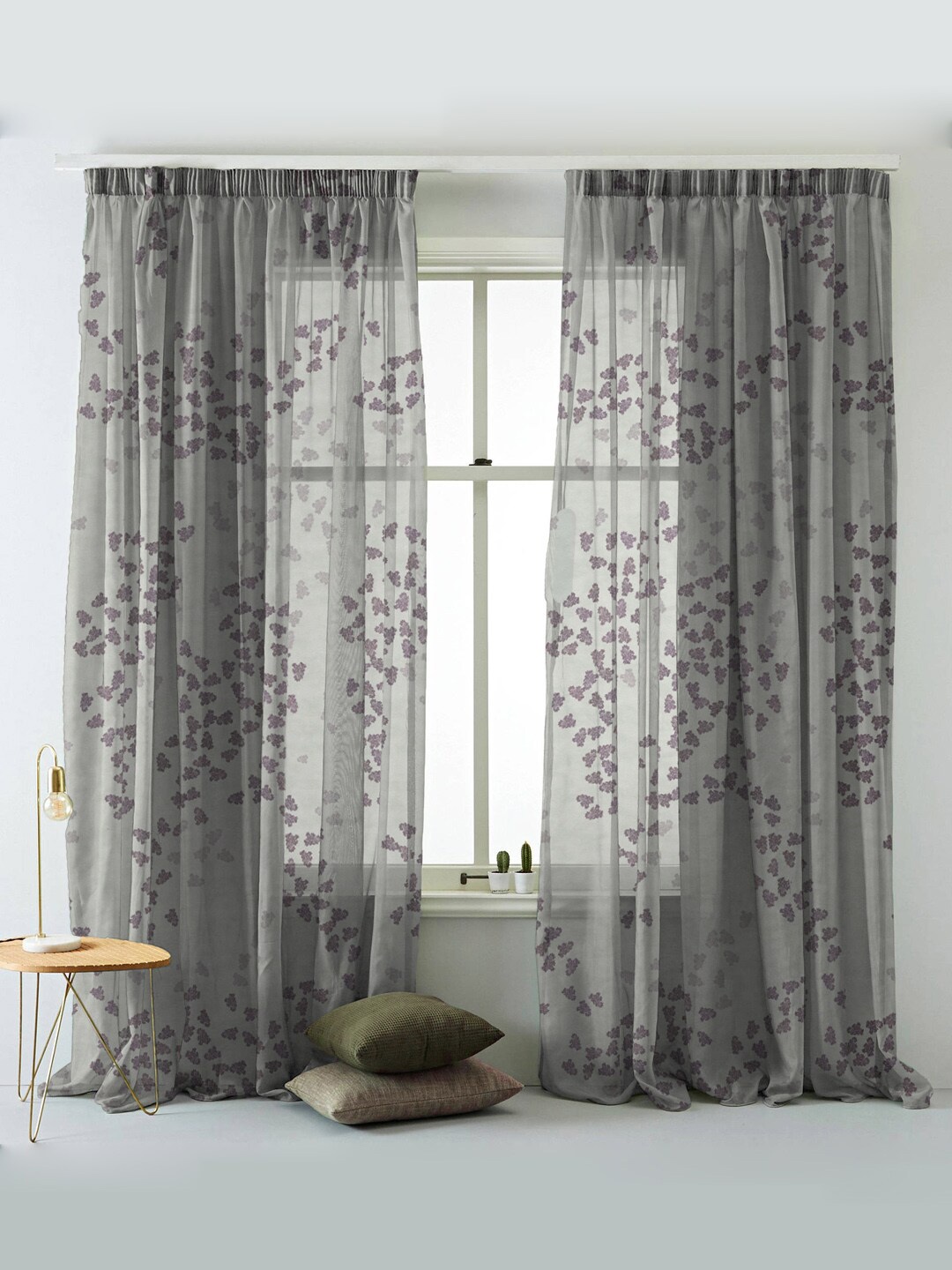 

SPACES Set Of 2 Grey Elegent Coral Print Sheer Semi Transparent Door Curtain 7 Ft