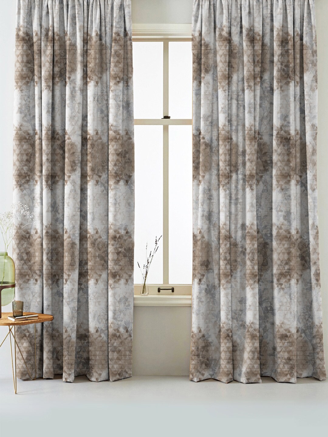 

SPACES Set Of 2 Brown Elegent Geometric Print Matt Finish Black Out Door Curtain 7 Ft, Grey