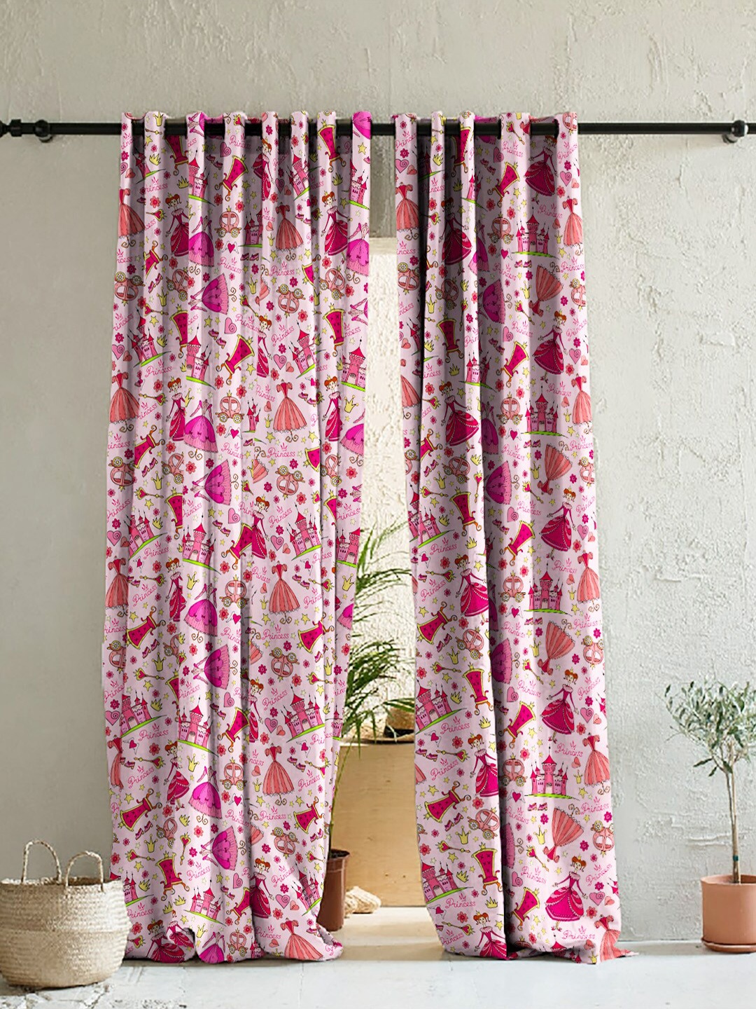 

SPACES Kids Set Of 2 Pink Quirky Print Satin Room Darkening Window Curtain 5 Ft