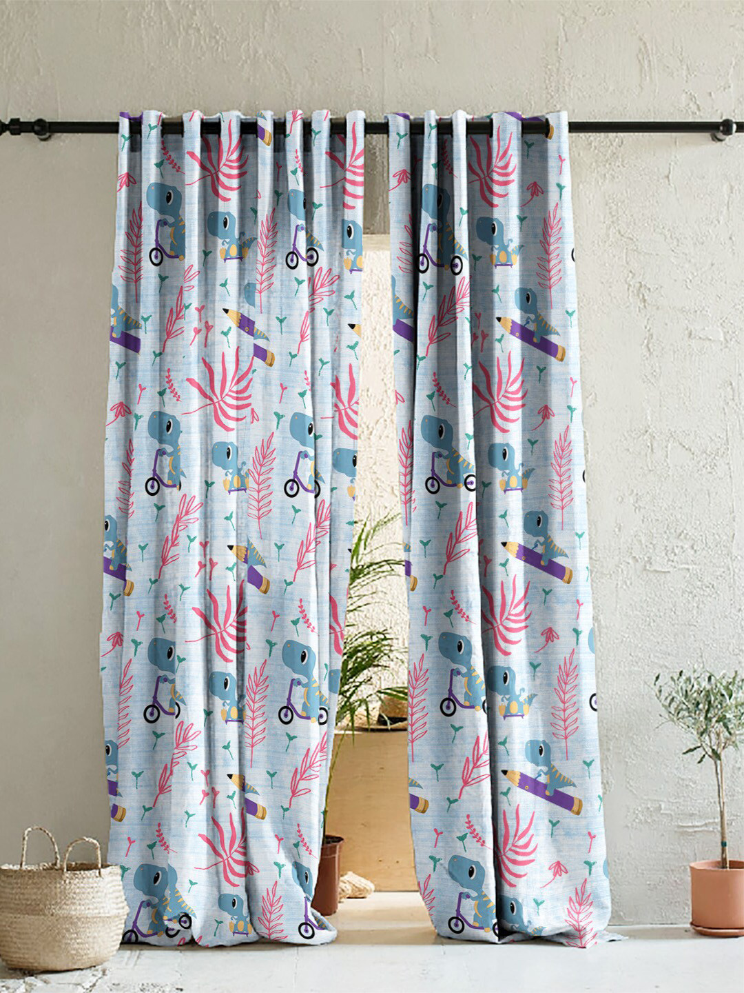 

SPACES Set Of 2 Blue Kids Set Of 2 Blue Quirky Print Satin Room Darkening Door Curtain 7 Ft