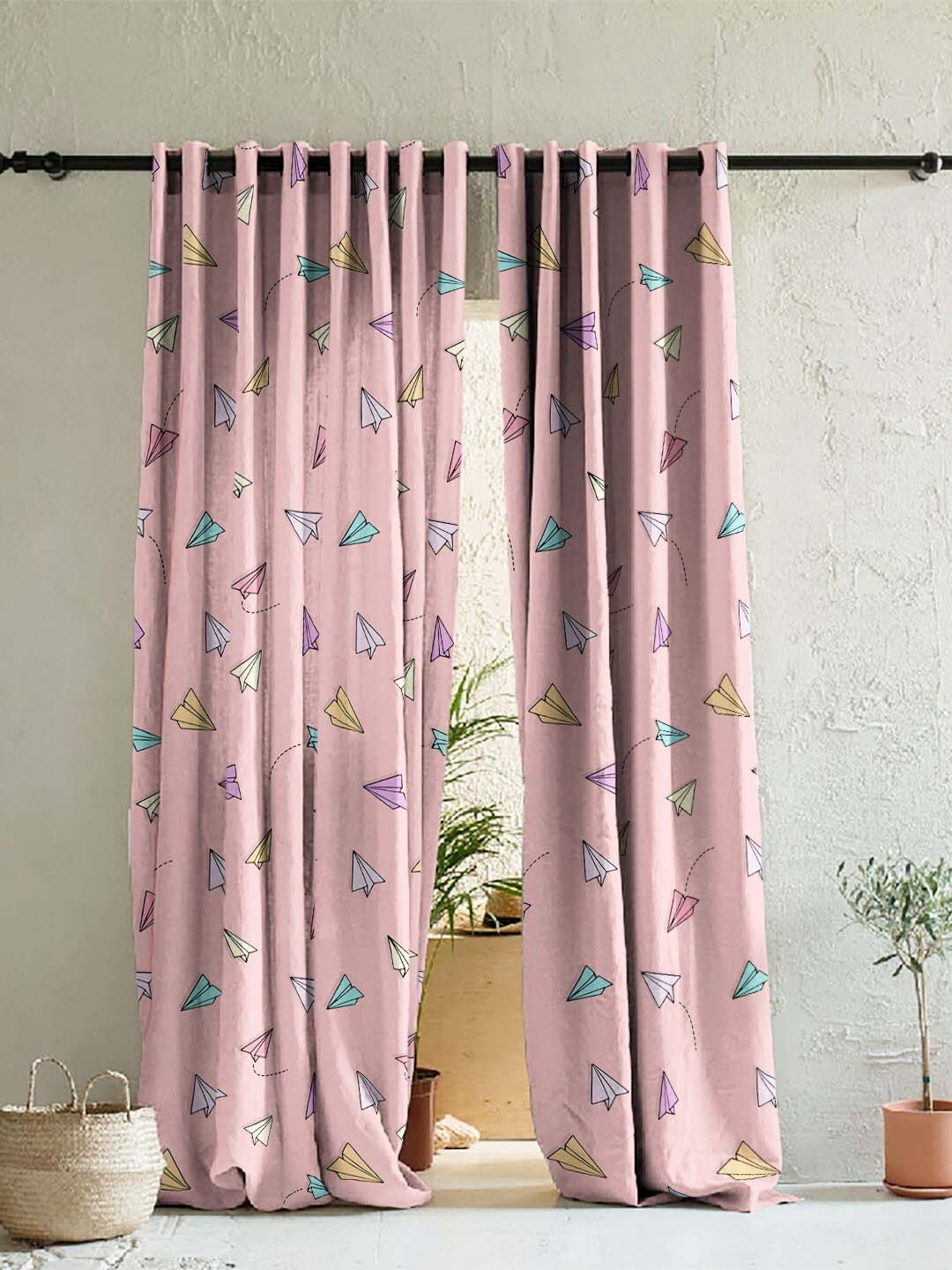 

SPACES Set Of 2 Pink Kids Set Of 2 Pink Quirky Print Satin Room Darkening Door Curtain 7 Ft