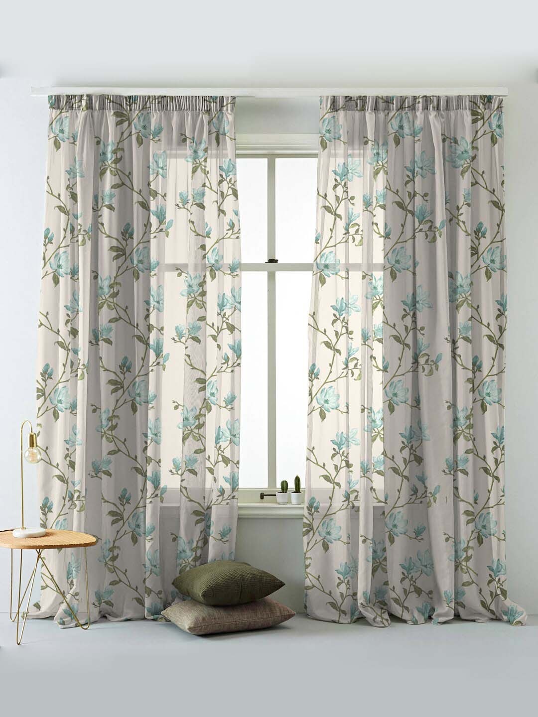 

SPACES Set Of 2 Turquoise Elegent Floral Print Sheer Semi Transparent Door Curtain 7 Ft, White